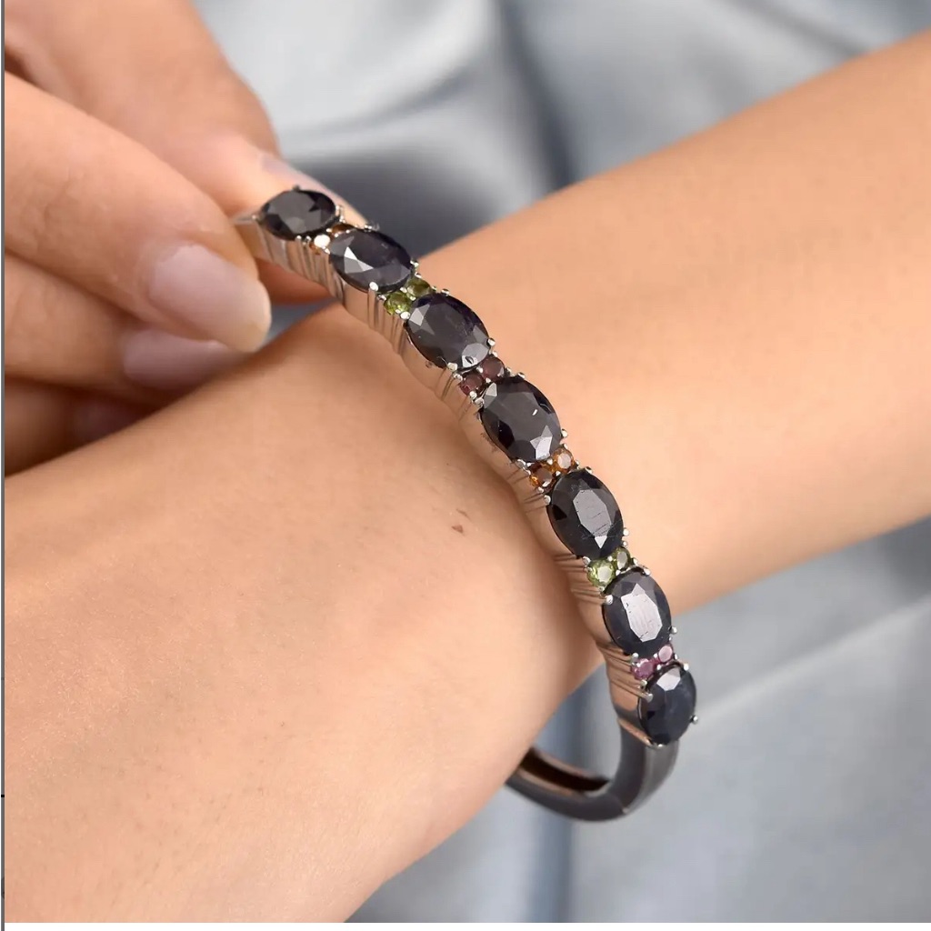 Midnight Sapphire & Multi-Tourmaline 20.25ctw Silver Bangle Bracelet (8”)